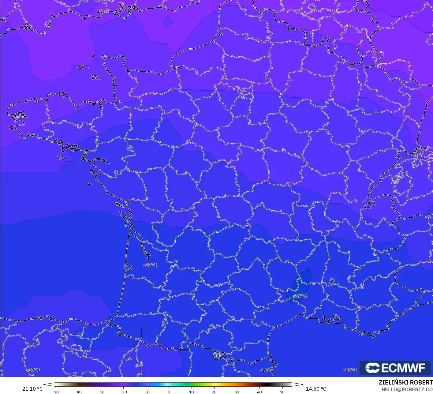 ECMWF IFS 0.25° modelo - Francia, Temperatura a 500 hPa