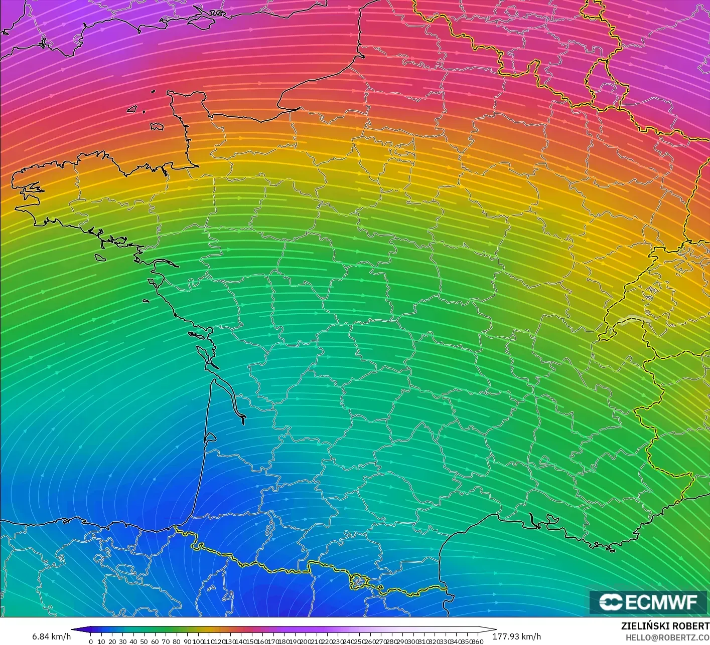 ECMWF IFS 0.25° modelo - Francia, Viento a 300 hPa (corriente en chorro)