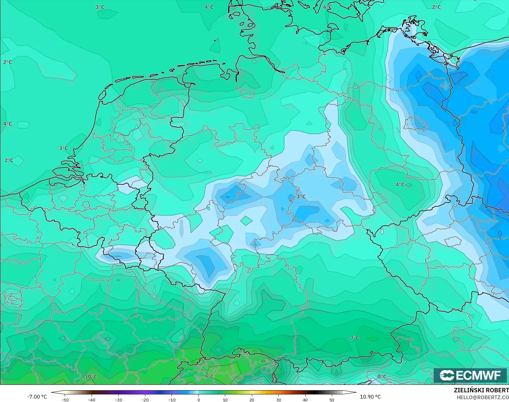 ECMWF IFS 0.25° modelo - Alemania, Punto de rocío a 2 m