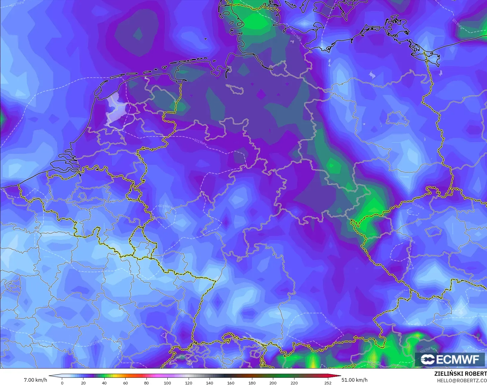 ECMWF IFS 0.25° modelo - Alemania, Ráfagas de Viento Máximas