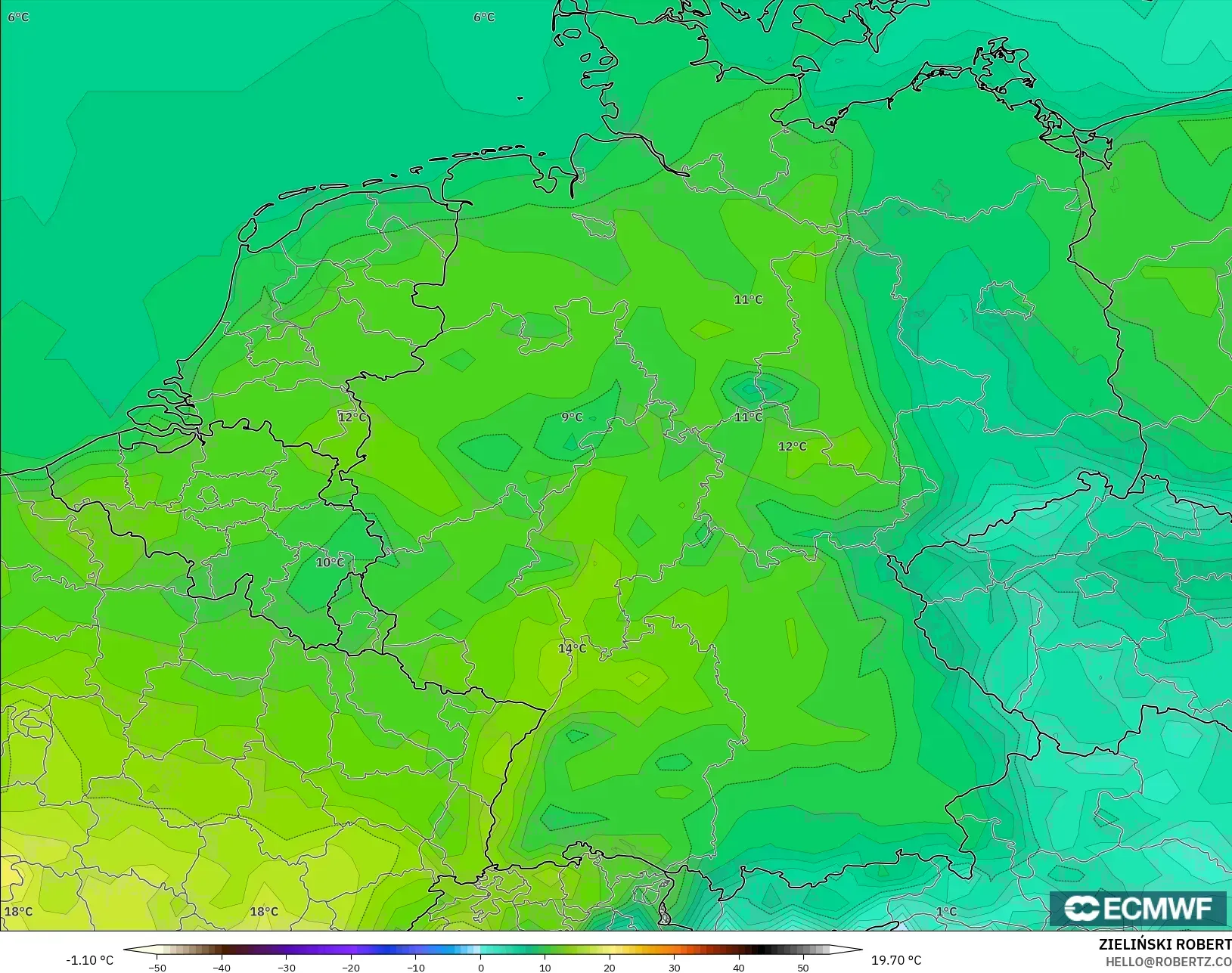 ECMWF IFS 0.25° modelo - Alemania, Temperatura a 2 m