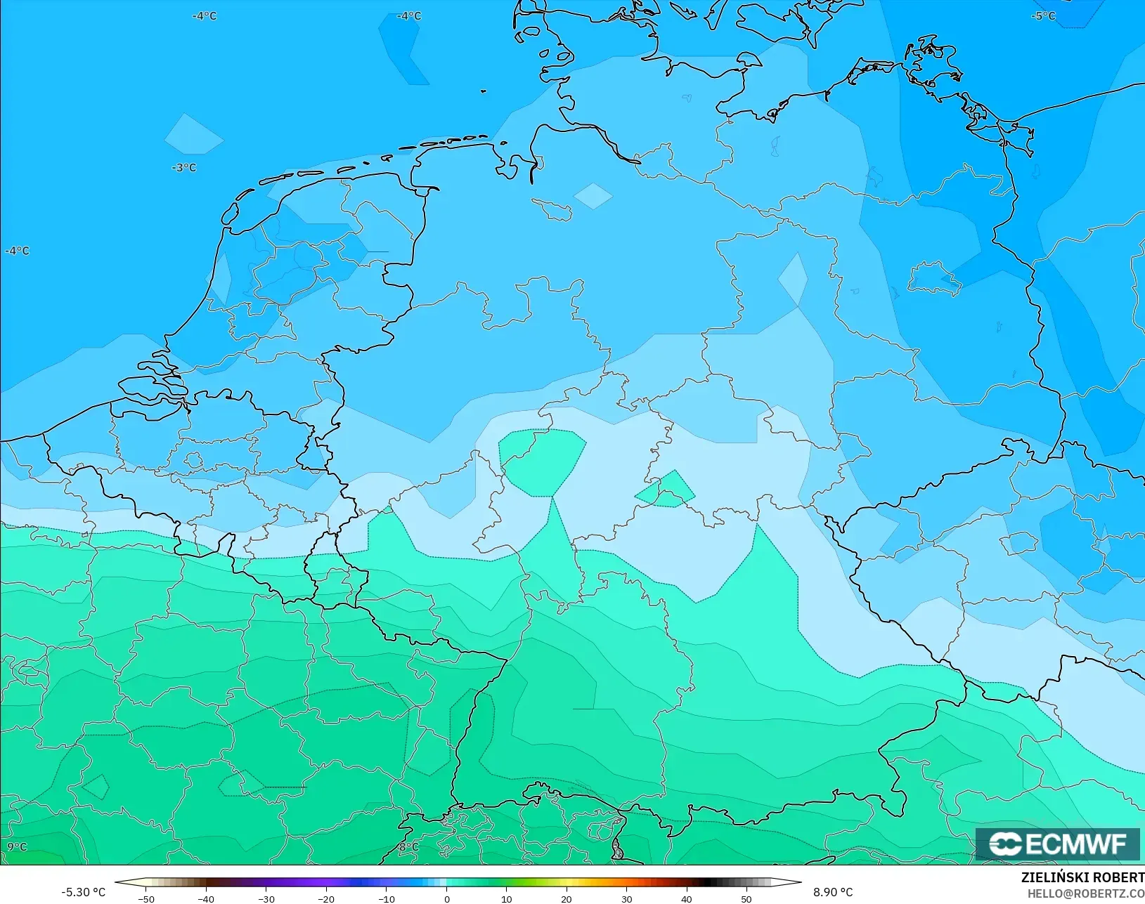 ECMWF IFS 0.25° modelo - Alemania, Temperatura a 850 hPa