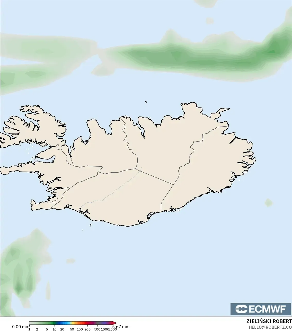 ECMWF IFS 0.25° modelo - Islandia, Acumulación de precipitación