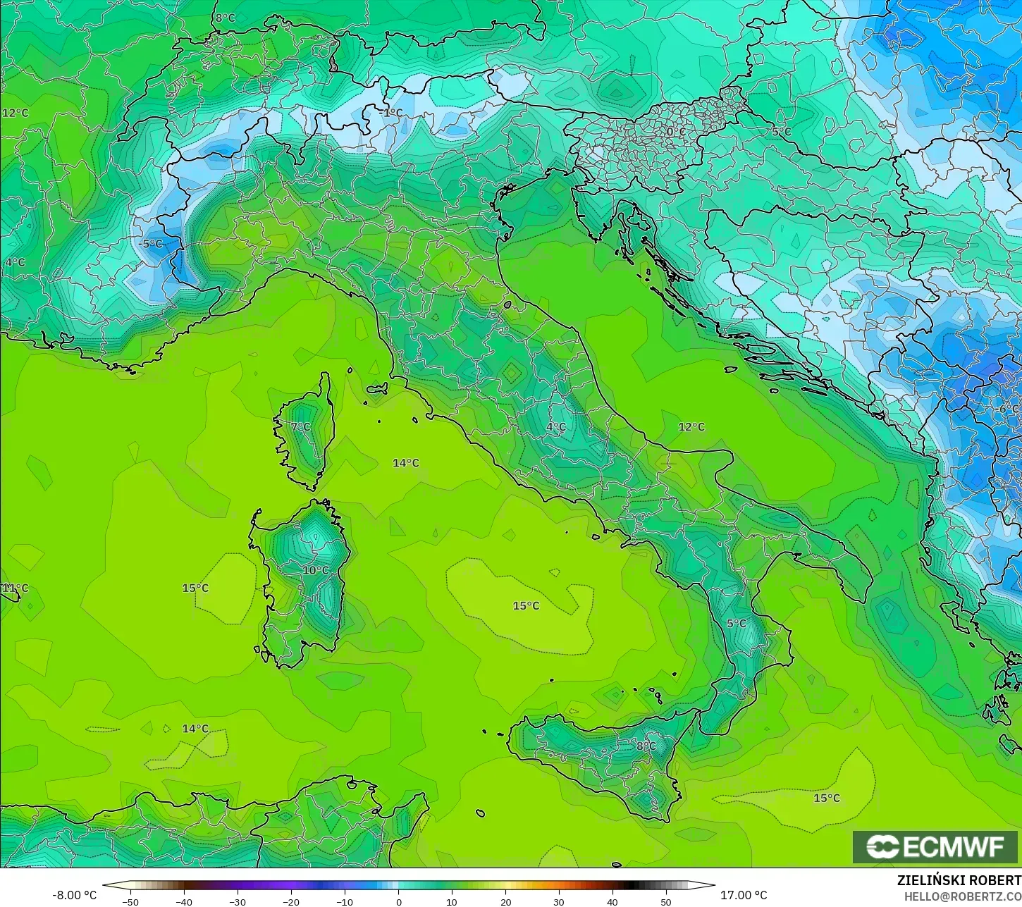 ECMWF IFS 0.25° modelo - Italia, Punto de rocío a 2 m
