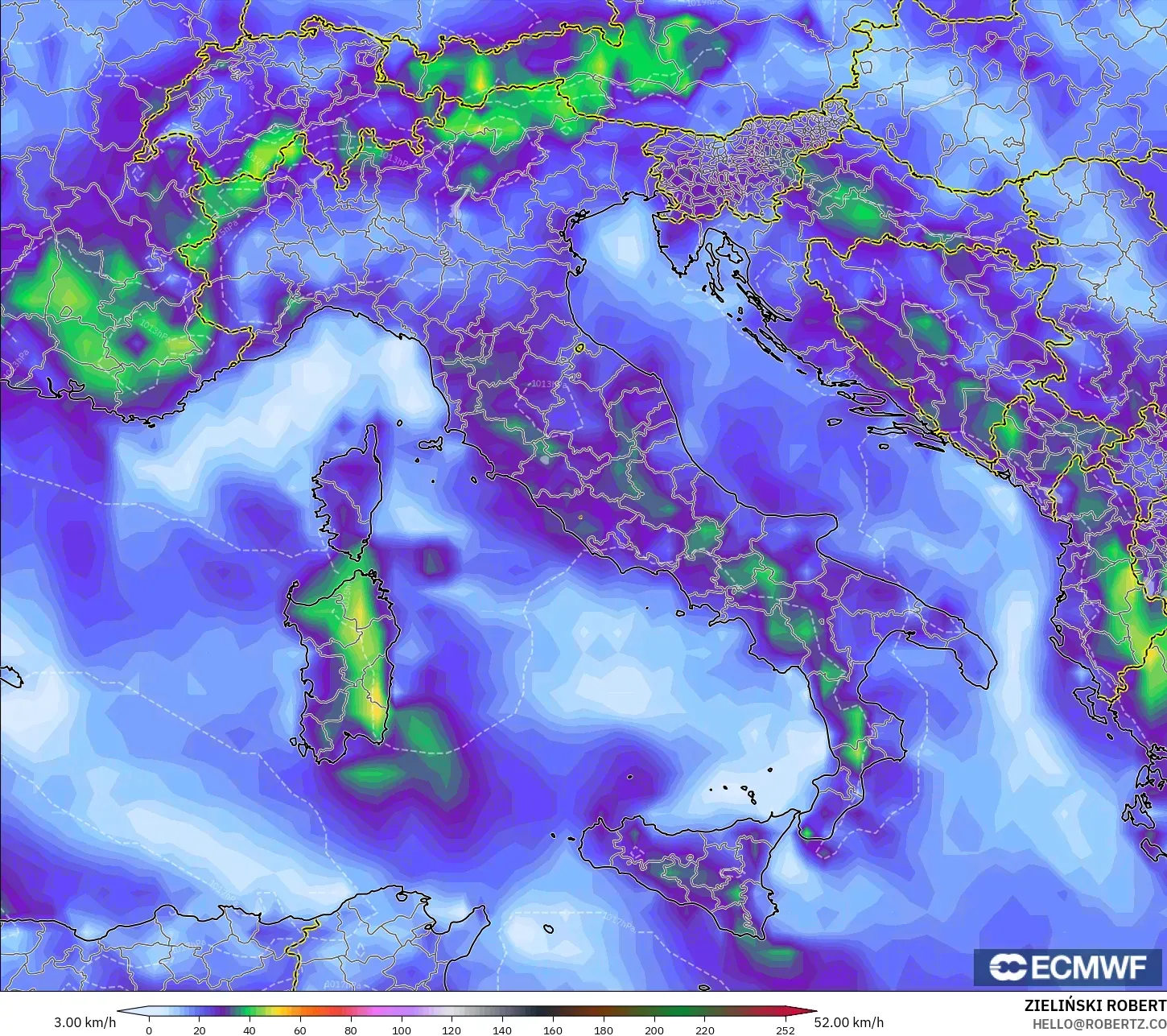 ECMWF IFS 0.25° modelo - Italia, Ráfagas de viento