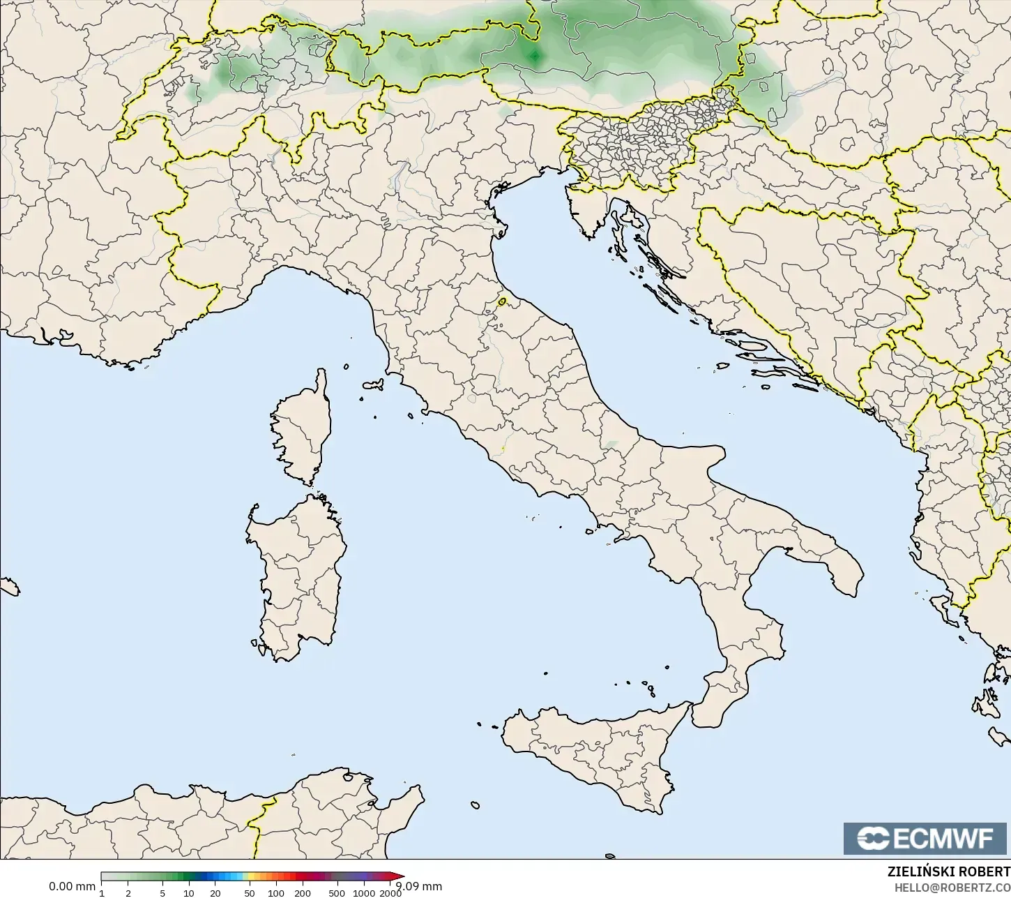 ECMWF IFS 0.25° modelo - Italia, Acumulación de precipitación