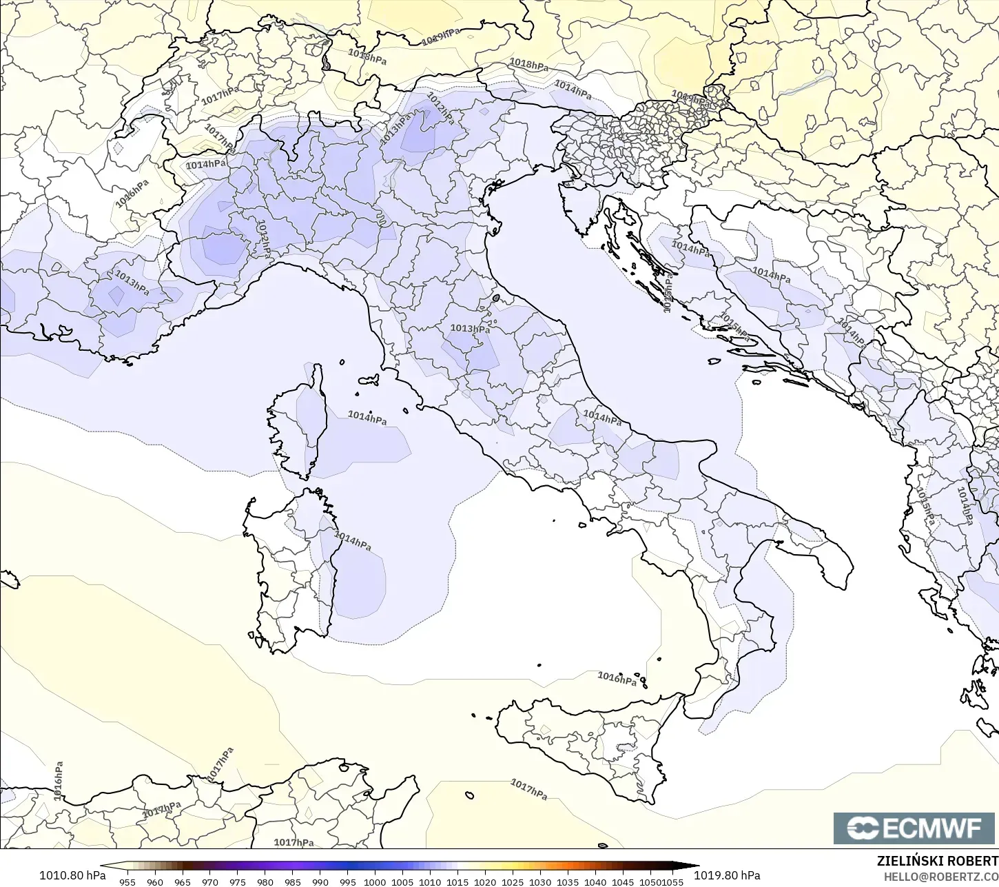 ECMWF IFS 0.25° modelo - Italia, Presión