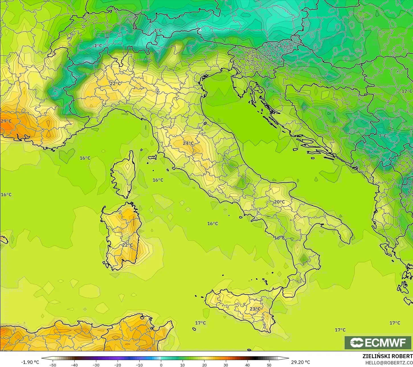 ECMWF IFS 0.25° modelo - Italia, Temperatura a 2 m