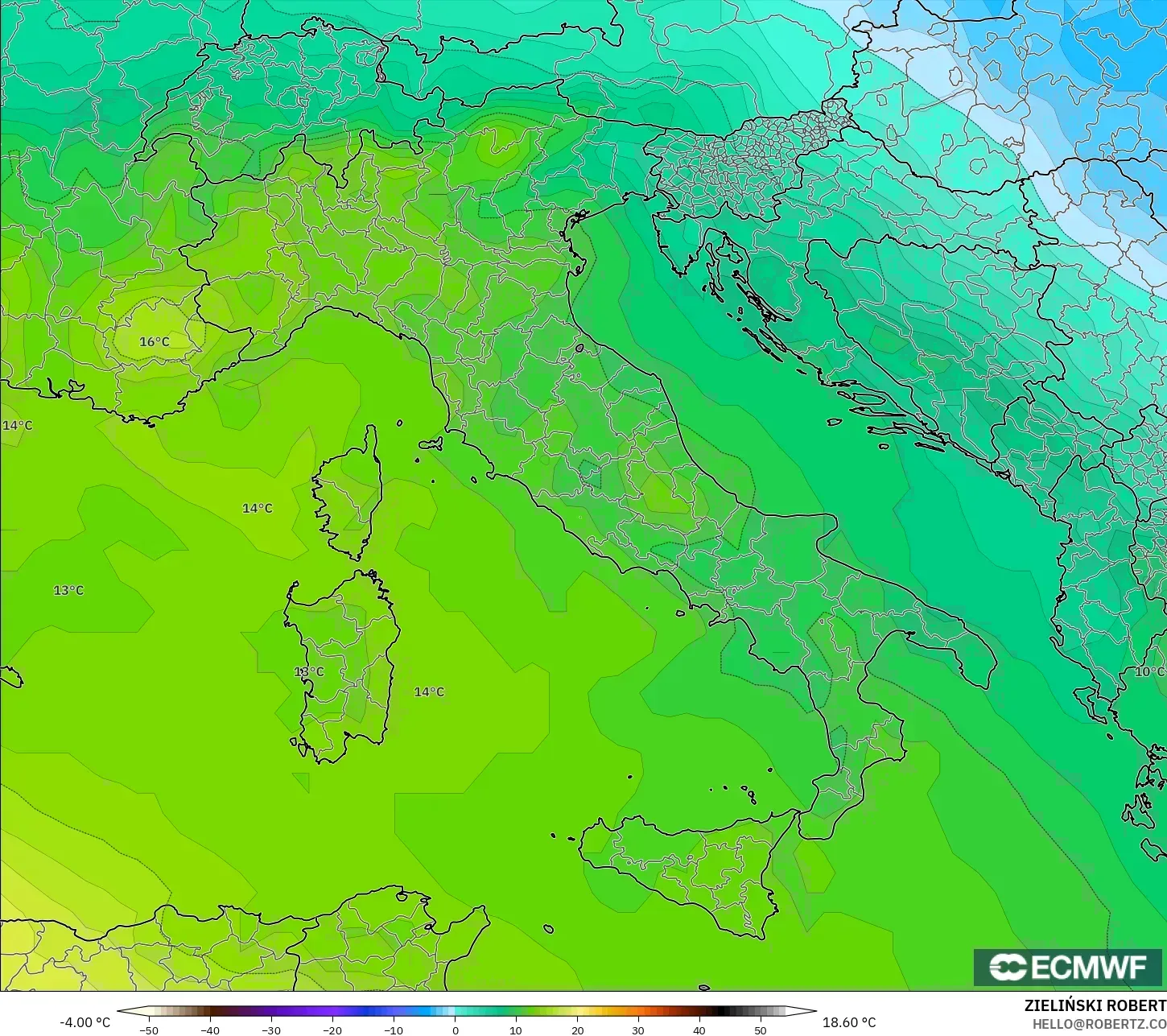 ECMWF IFS 0.25° modelo - Italia, Temperatura a 850 hPa