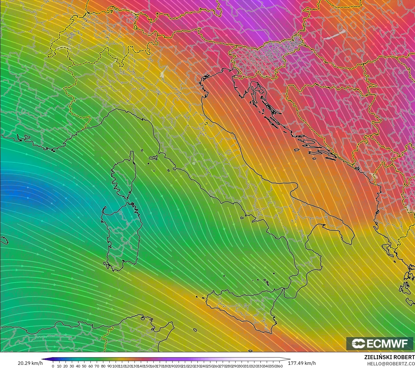 ECMWF IFS 0.25° modelo - Italia, Viento a 300 hPa (corriente en chorro)