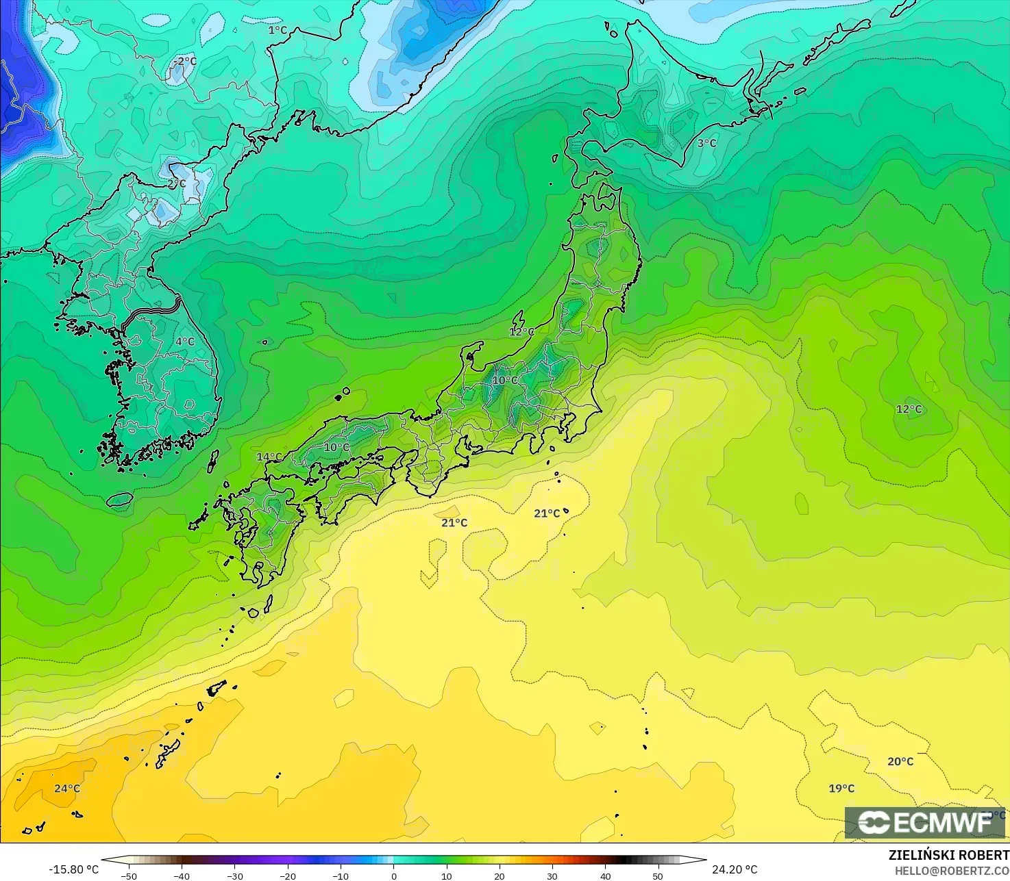 ECMWF IFS 0.25° modelo - Japón, Punto de rocío a 2 m