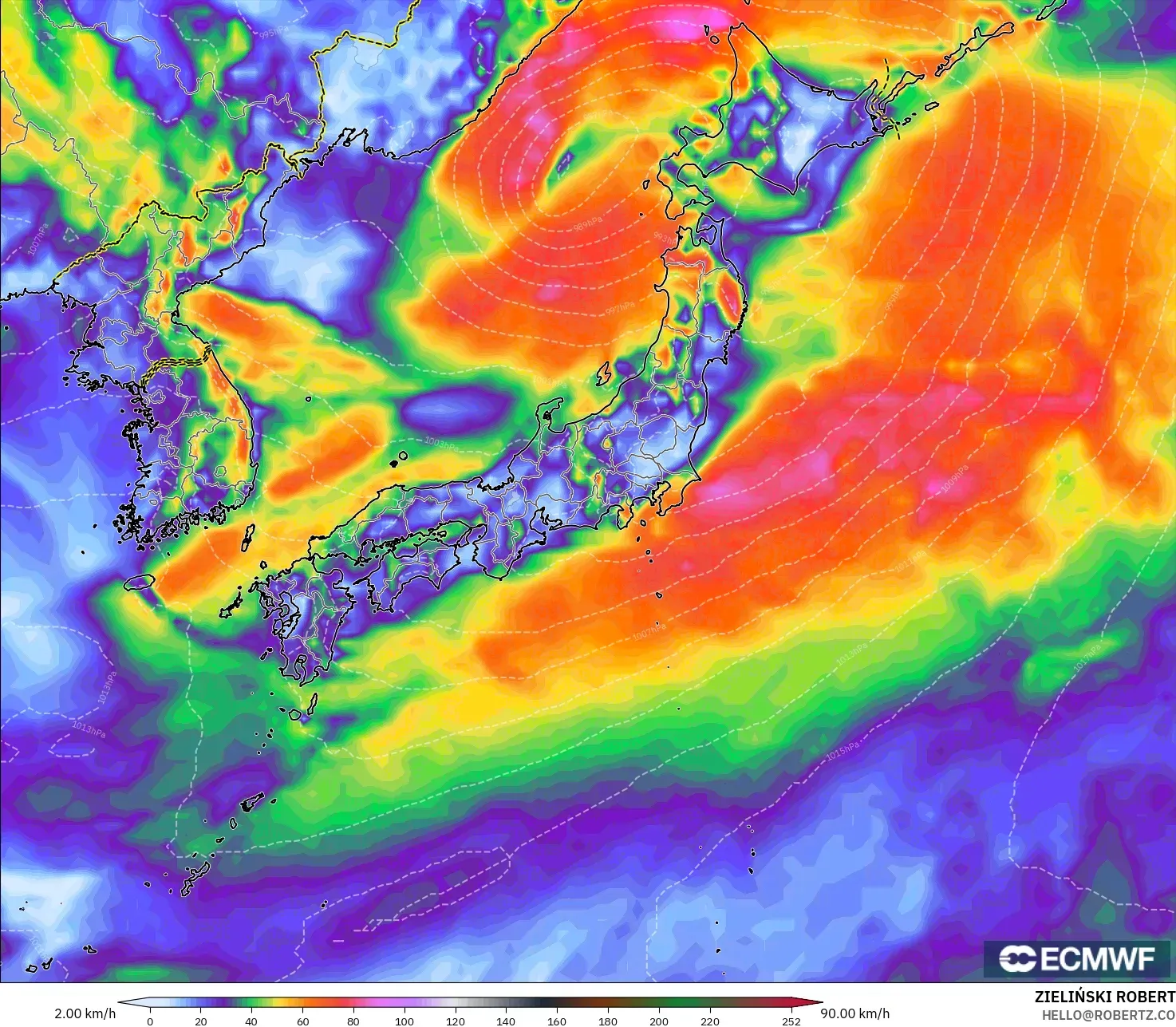 ECMWF IFS 0.25° modelo - Japón, Ráfagas de viento
