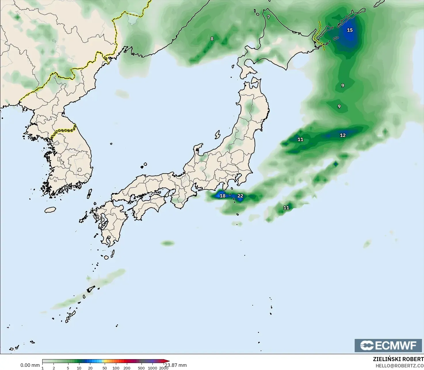 ECMWF IFS 0.25° modelo - Japón, Acumulación de precipitación