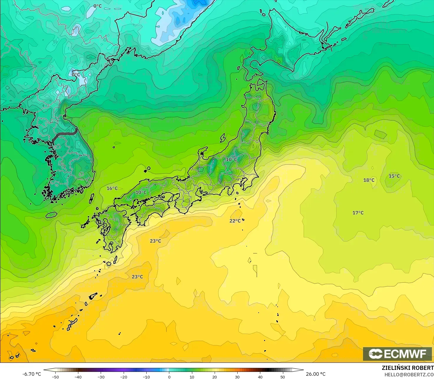 ECMWF IFS 0.25° modelo - Japón, Temperatura a 2 m