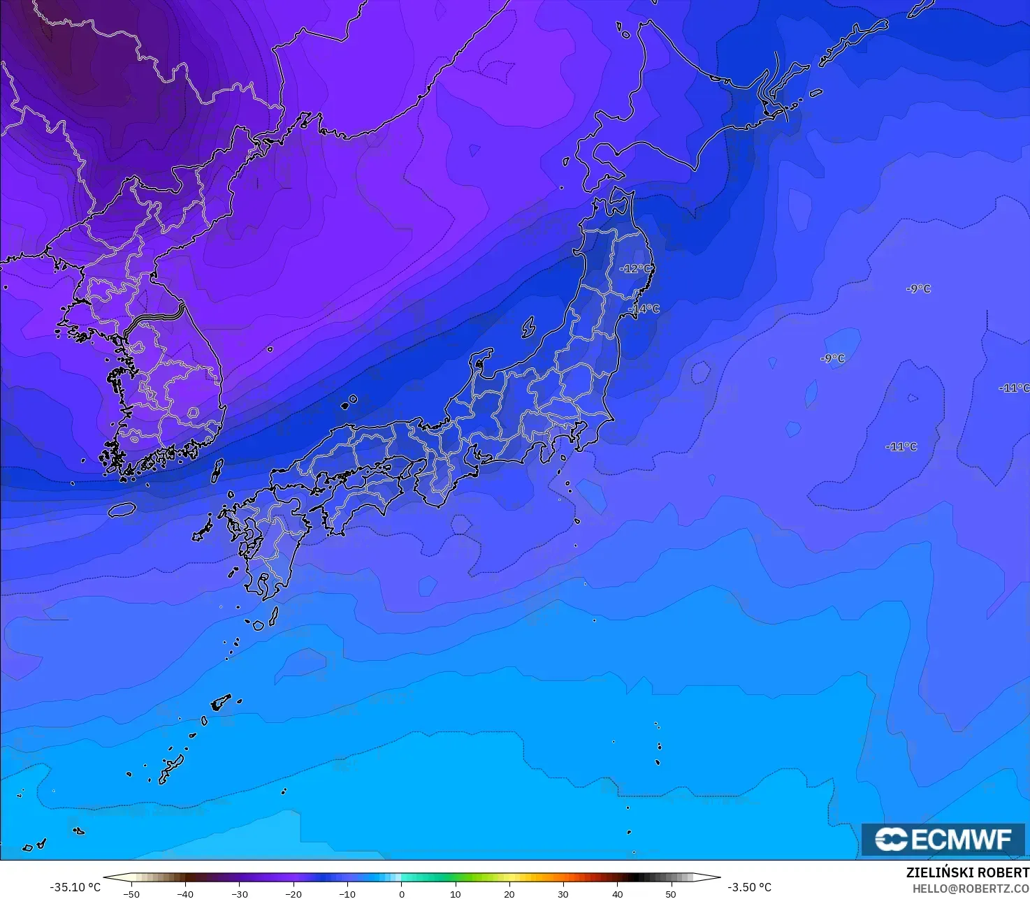 ECMWF IFS 0.25° modelo - Japón, Temperatura a 500 hPa