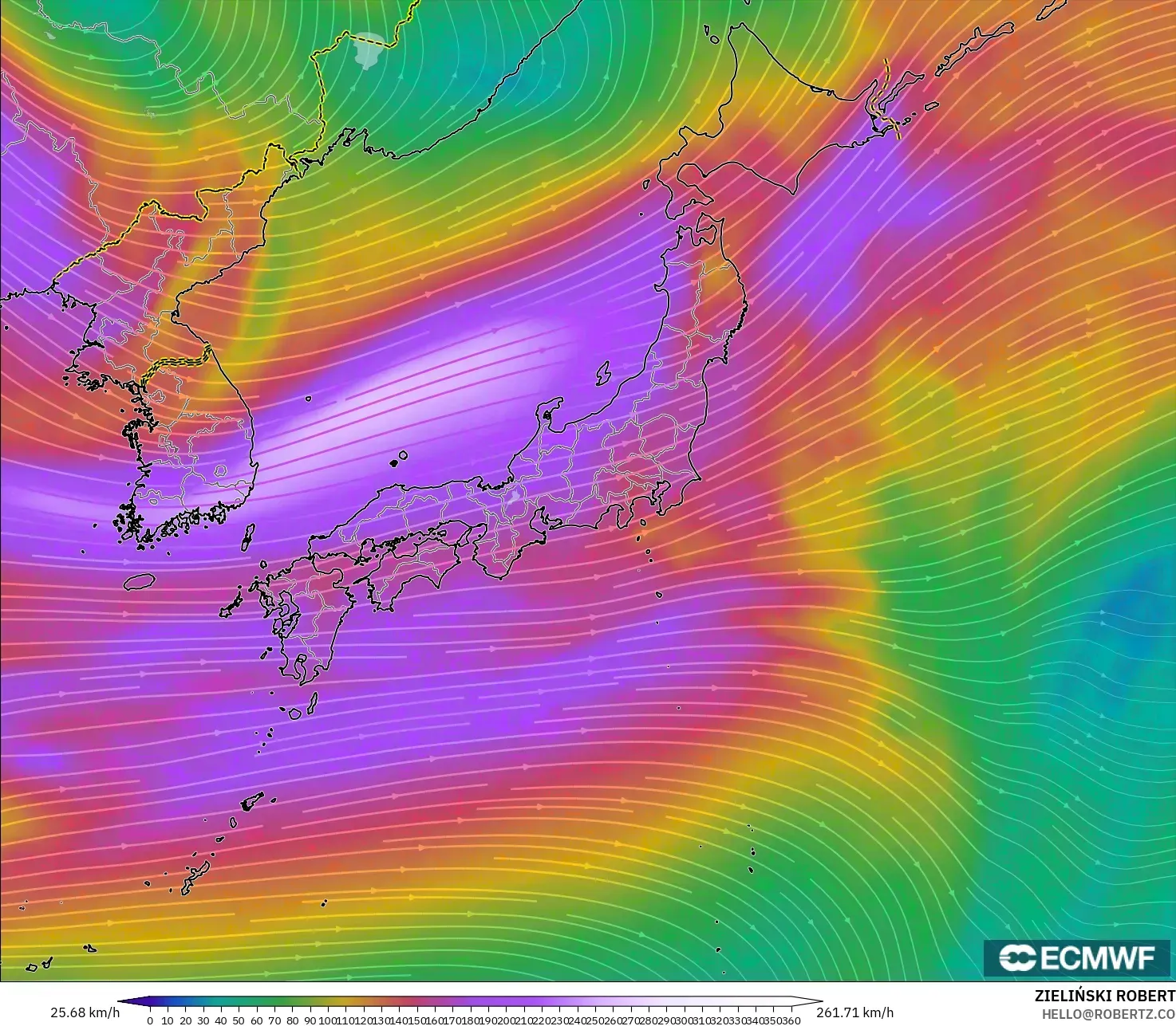 ECMWF IFS 0.25° modelo - Japón, Viento a 300 hPa (corriente en chorro)