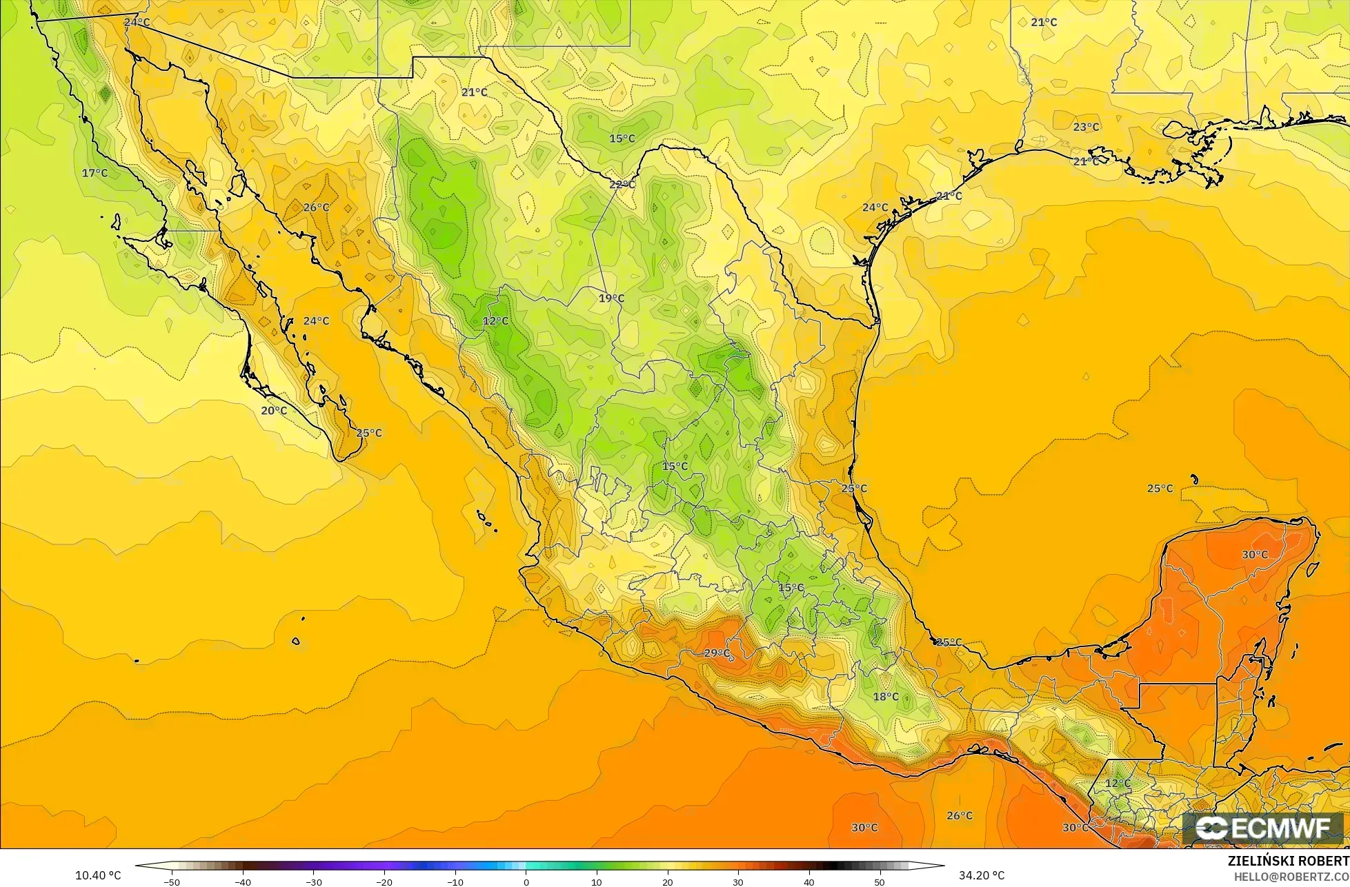 ECMWF IFS 0.25° modelo - México, Temperatura a 2 m