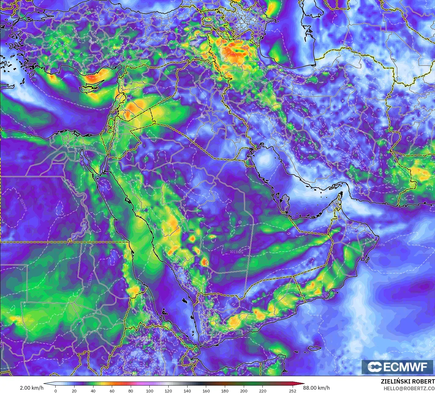 ECMWF IFS 0.25° modelo - Oriente Medio, Ráfagas de Viento Máximas