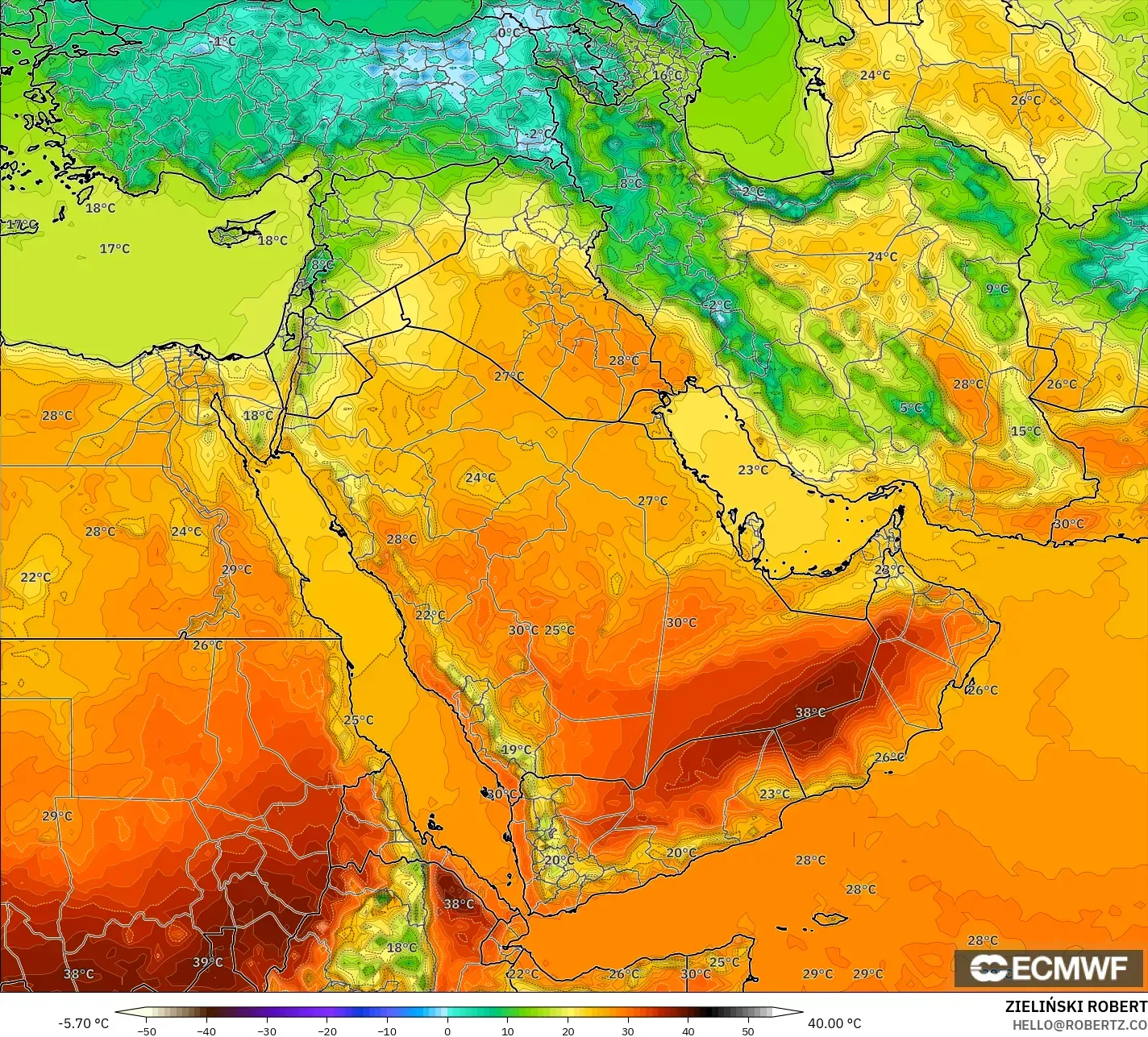 ECMWF IFS 0.25° modelo - Oriente Medio, Temperatura a 2 m