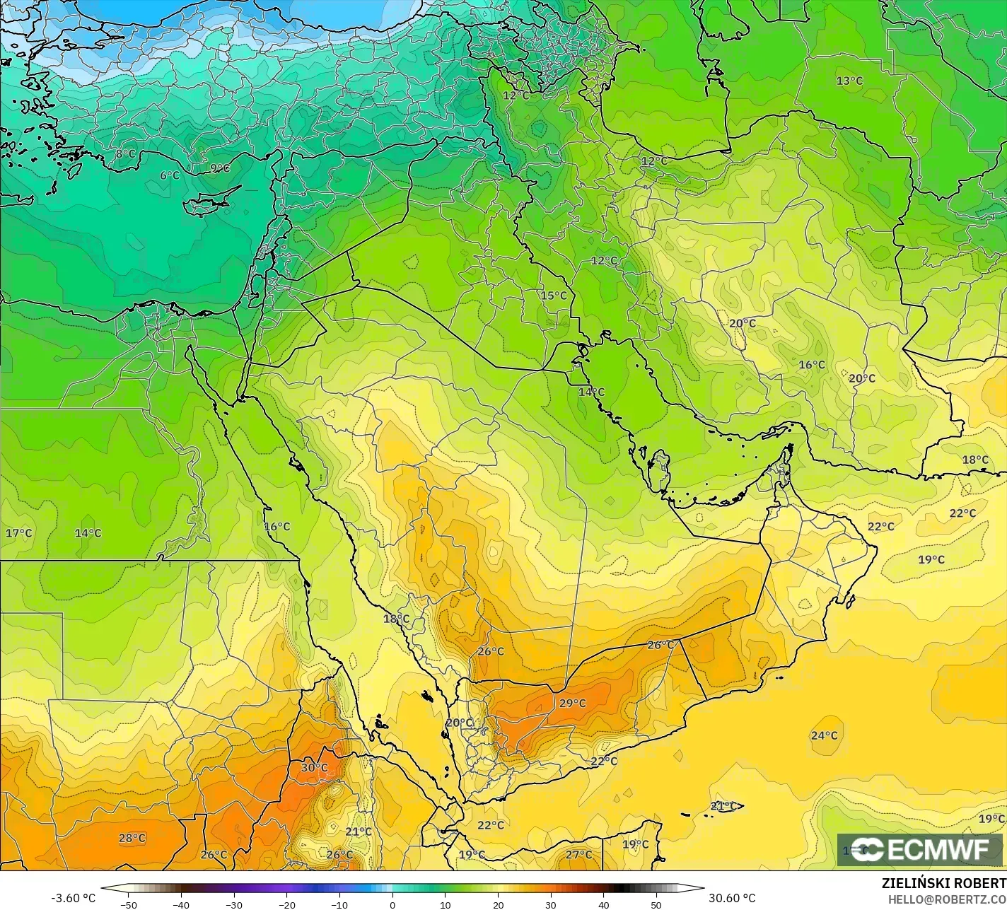 ECMWF IFS 0.25° modelo - Oriente Medio, Temperatura a 850 hPa