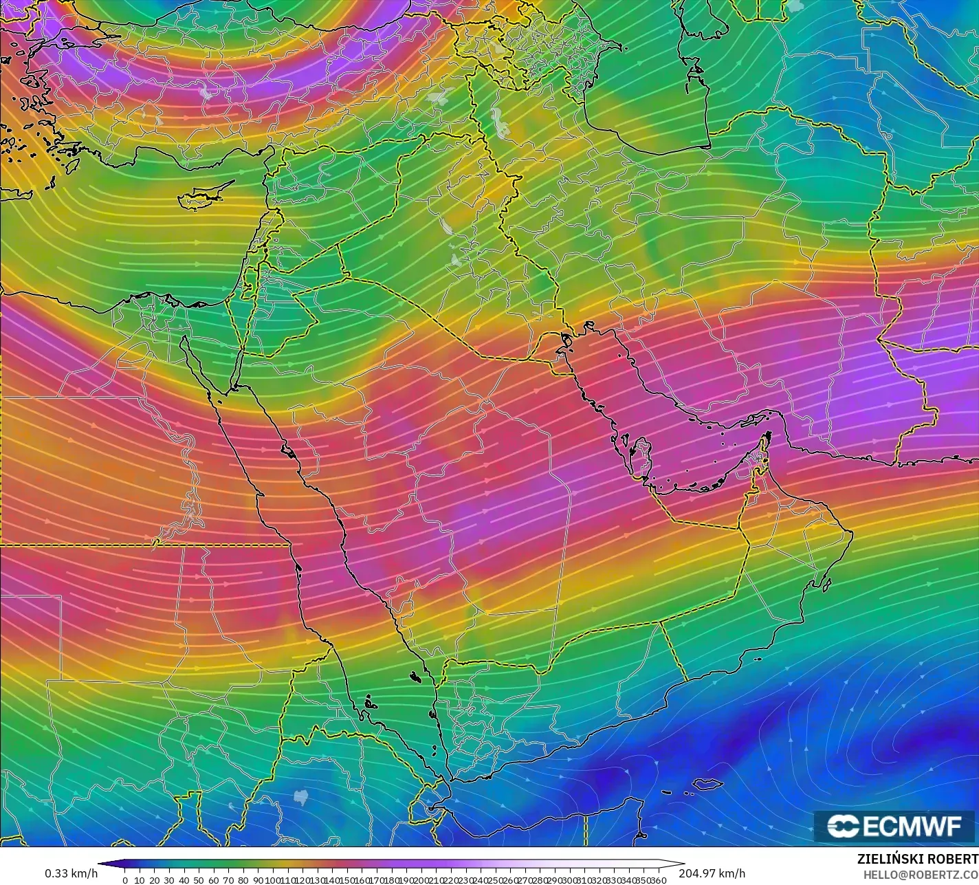 ECMWF IFS 0.25° modelo - Oriente Medio, Viento a 300 hPa (corriente en chorro)