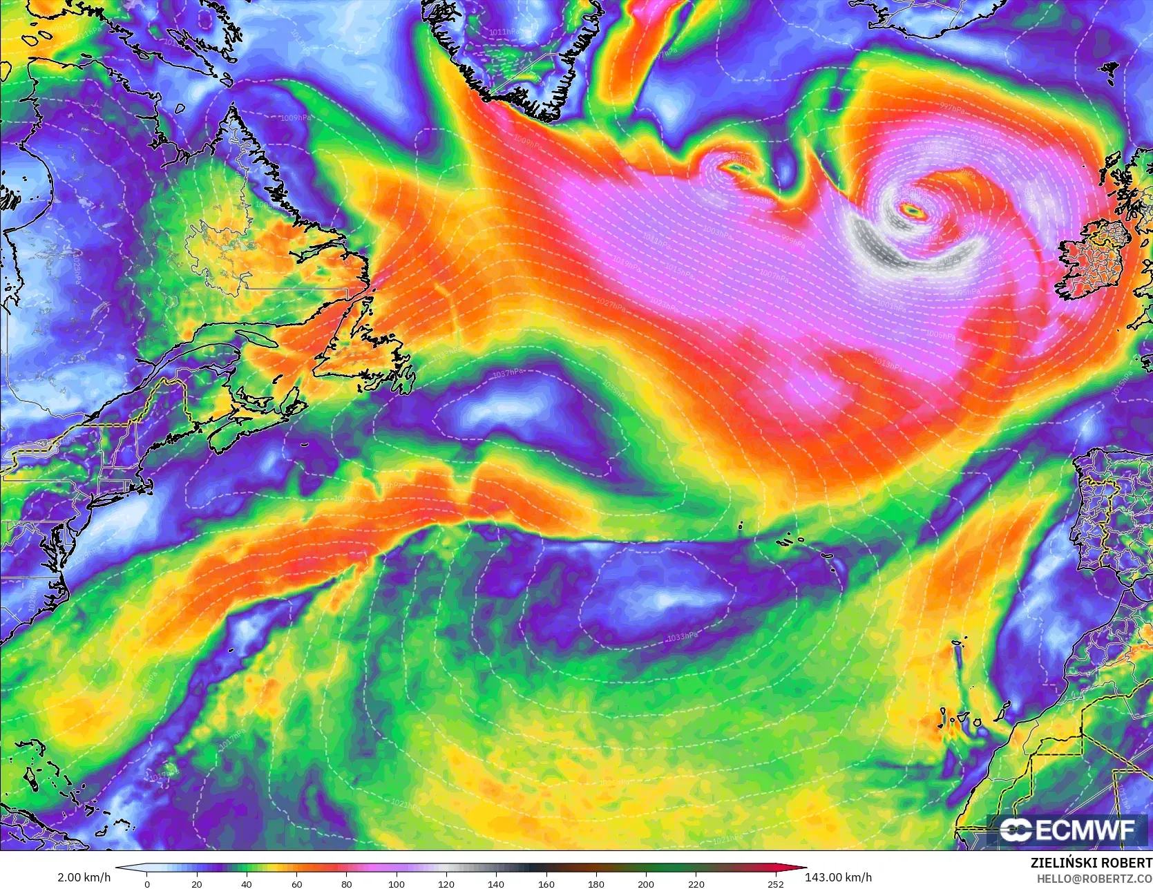 ECMWF IFS 0.25° modelo - Norte Atlántico, Ráfagas de Viento Máximas