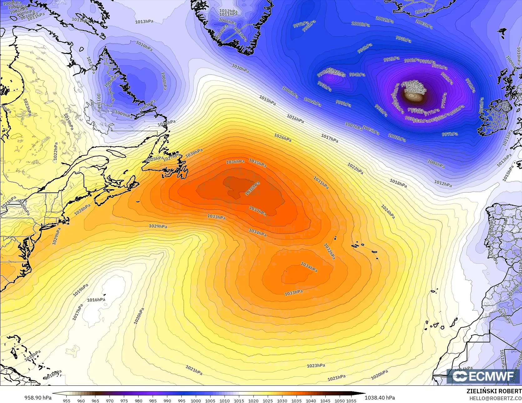 ECMWF IFS 0.25° modelo - Norte Atlántico, Presión