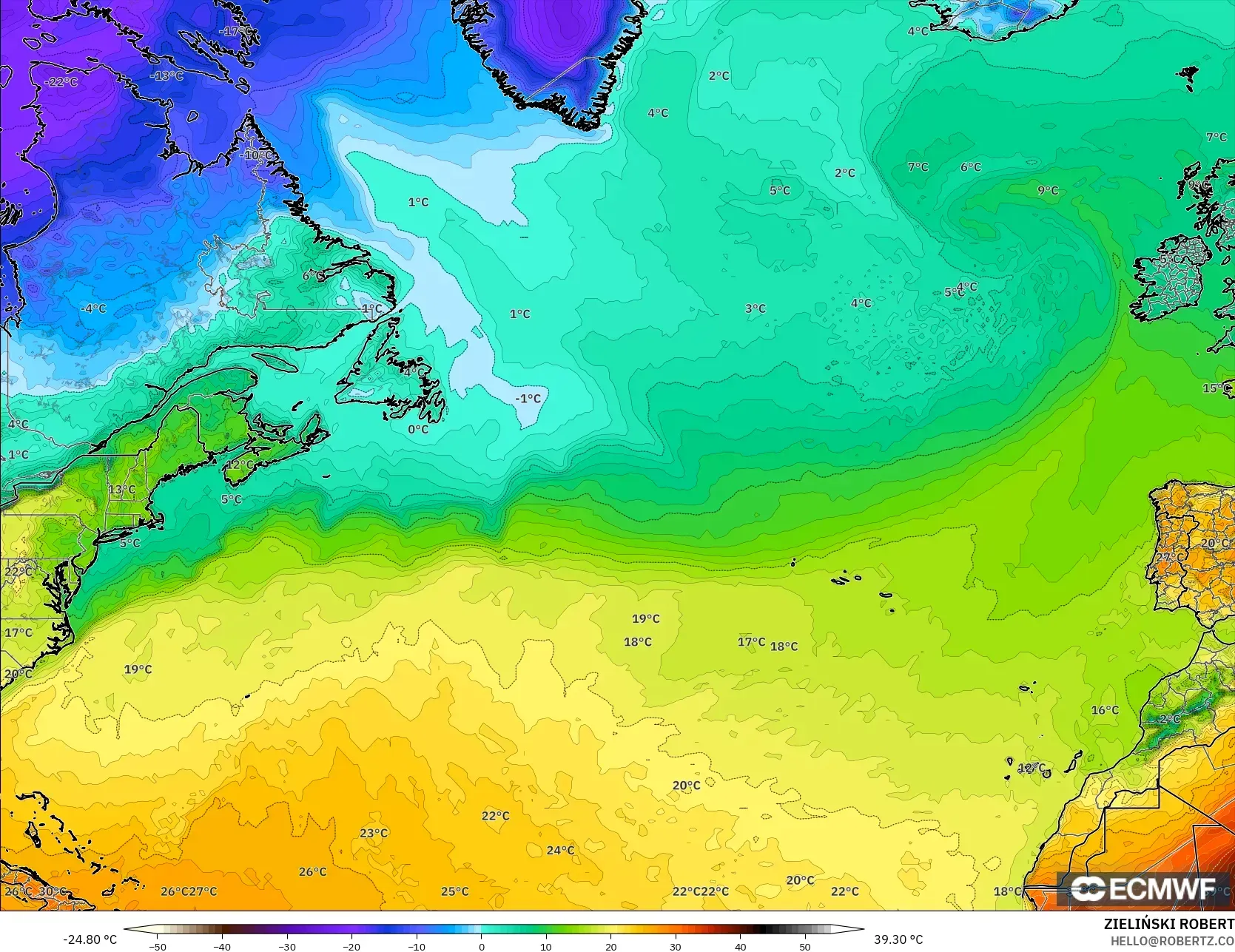 ECMWF IFS 0.25° modelo - Norte Atlántico, Temperatura a 2 m