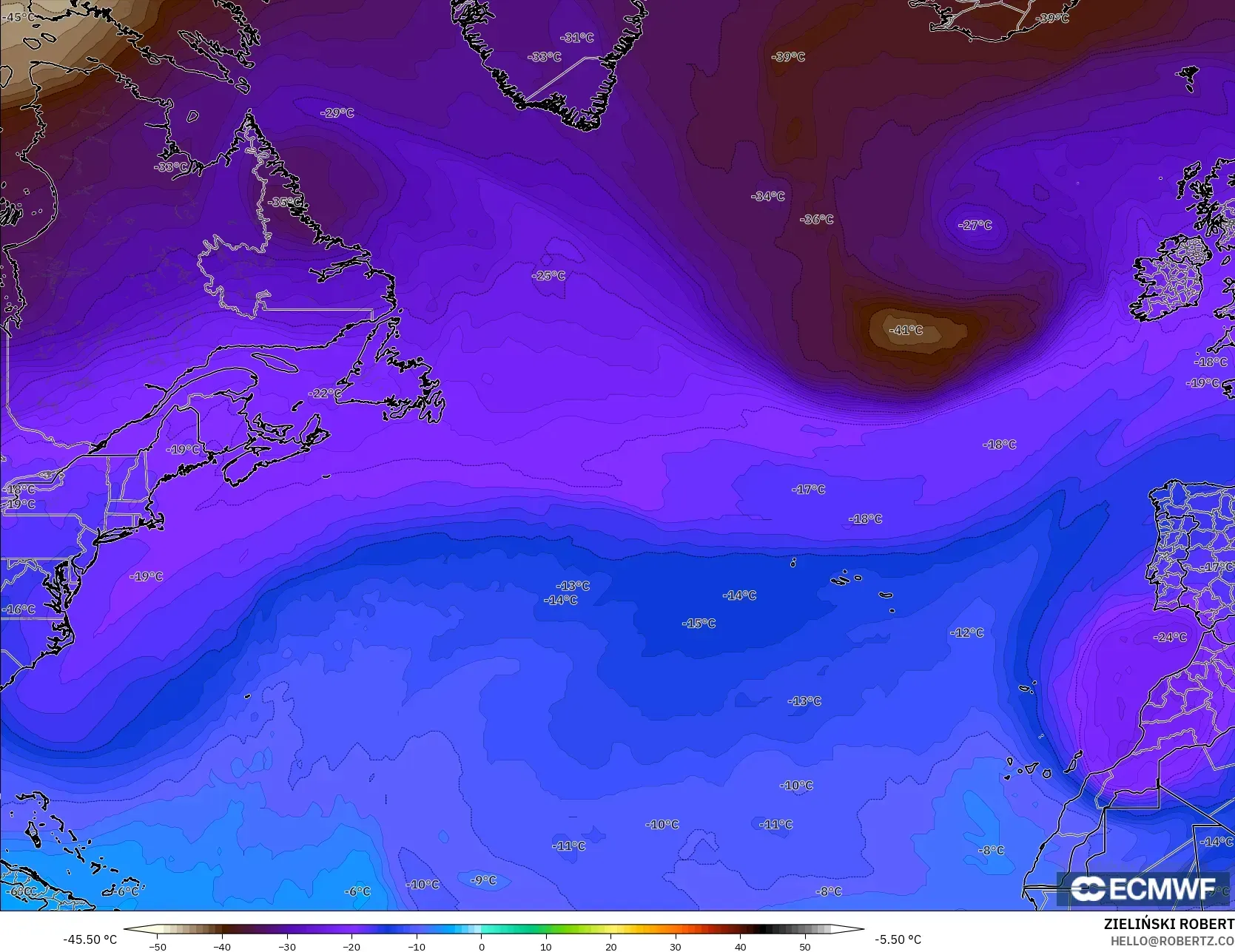 ECMWF IFS 0.25° modelo - Norte Atlántico, Temperatura a 500 hPa