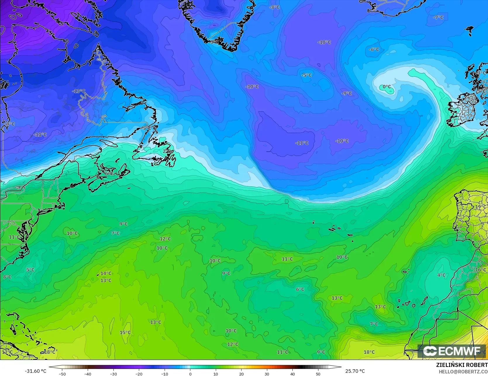 ECMWF IFS 0.25° modelo - Norte Atlántico, Temperatura a 850 hPa