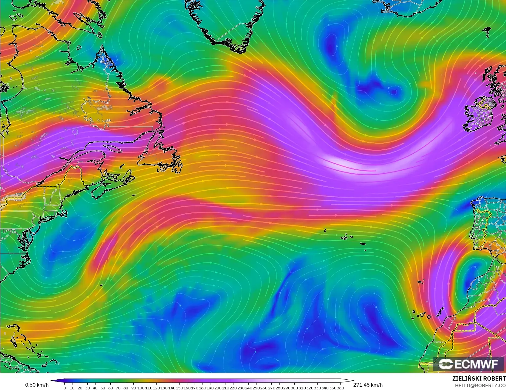 ECMWF IFS 0.25° modelo - Norte Atlántico, Viento a 300 hPa (corriente en chorro)