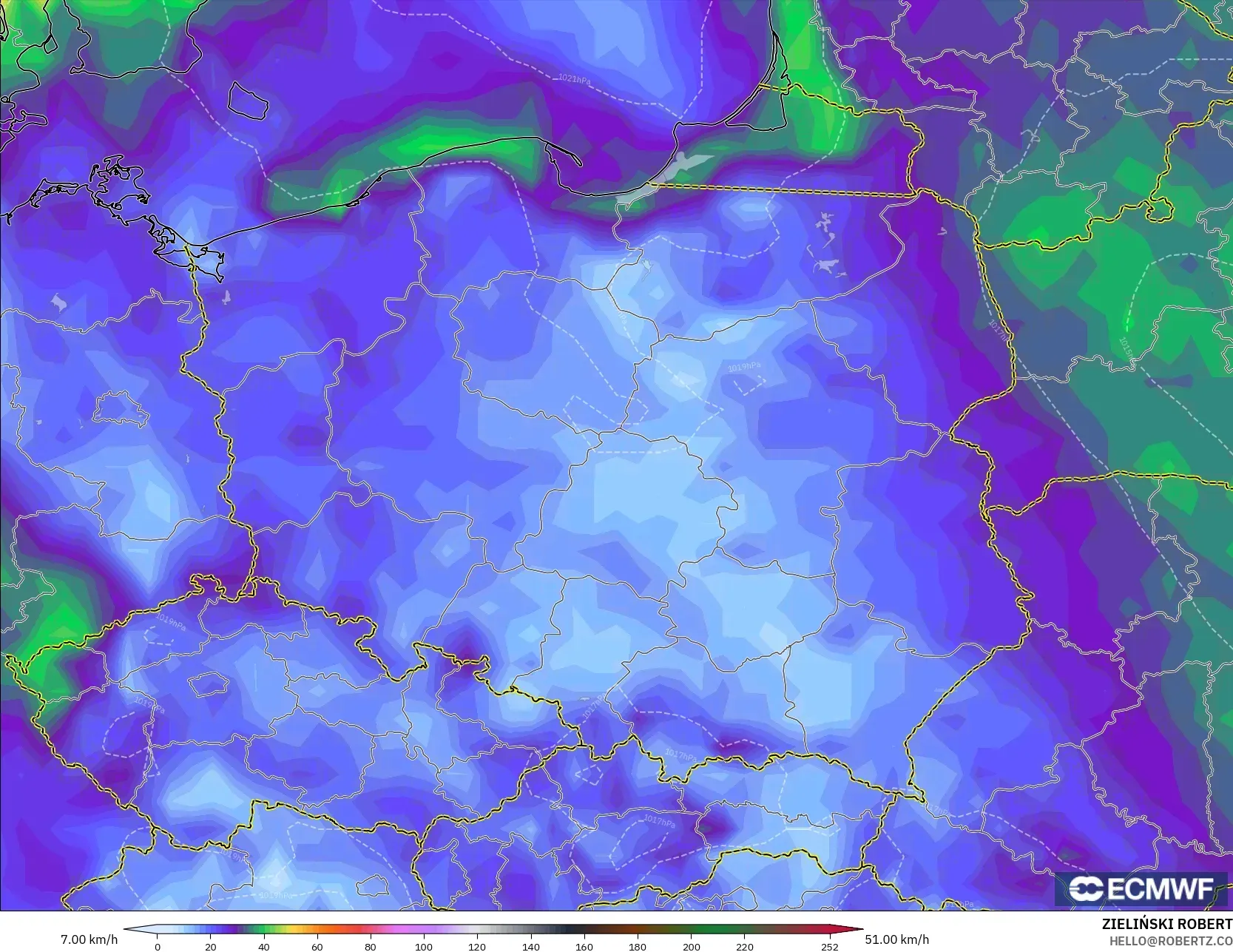 ECMWF IFS 0.25° modelo - Polonia, Ráfagas de Viento Máximas