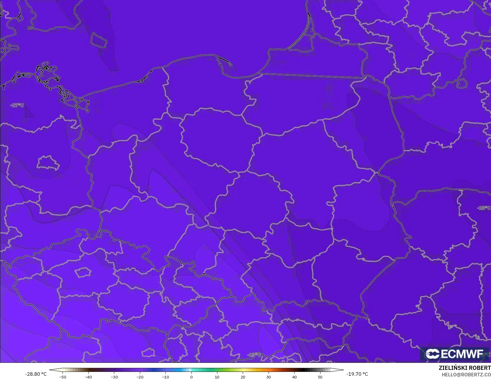 ECMWF IFS 0.25° modelo - Polonia, Temperatura a 500 hPa