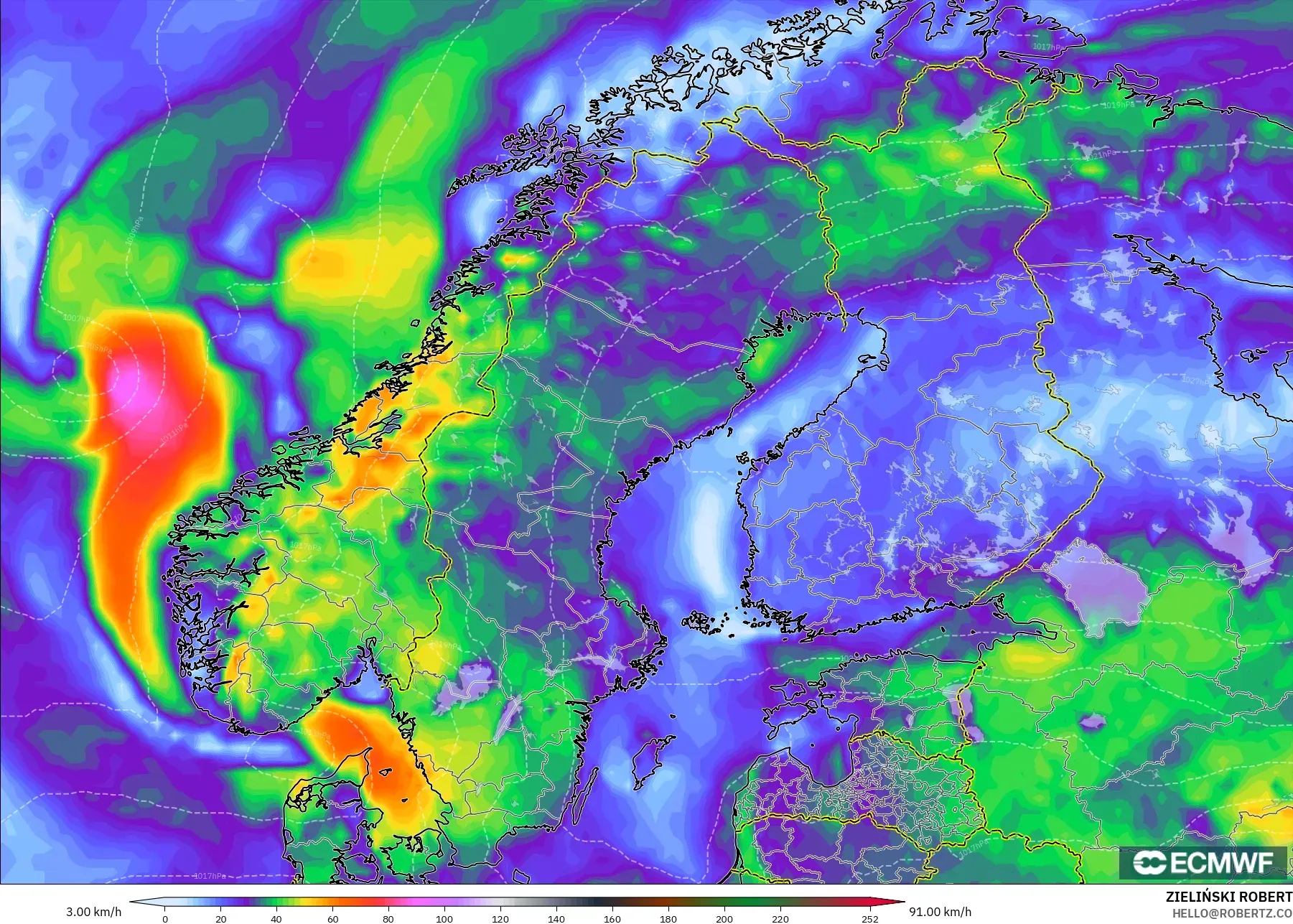 ECMWF IFS 0.25° modelo - Escandinavia, Ráfagas de Viento Máximas