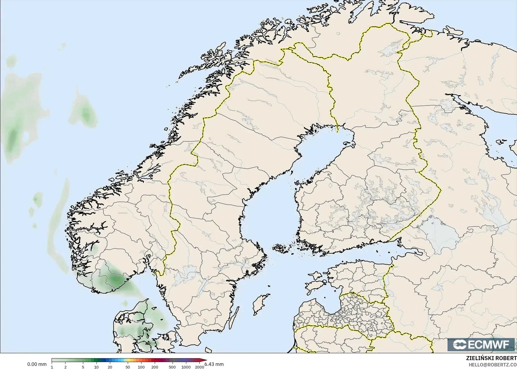 ECMWF IFS 0.25° modelo - Escandinavia, Acumulación de precipitación