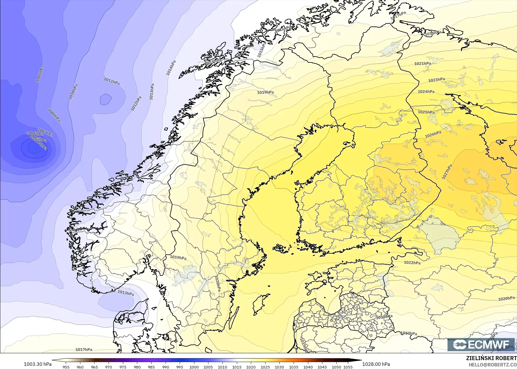 ECMWF IFS 0.25° modelo - Escandinavia, Presión