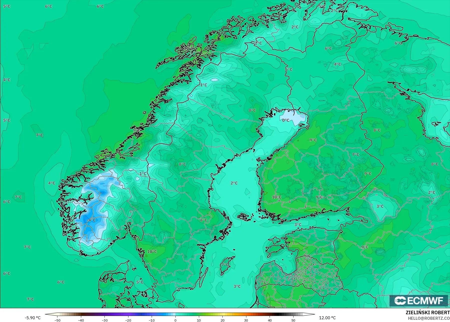 ECMWF IFS 0.25° modelo - Escandinavia, Temperatura a 2 m