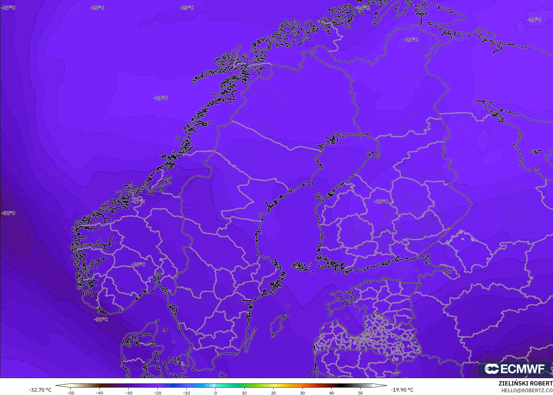 ECMWF IFS 0.25° modelo - Escandinavia, Temperatura a 500 hPa