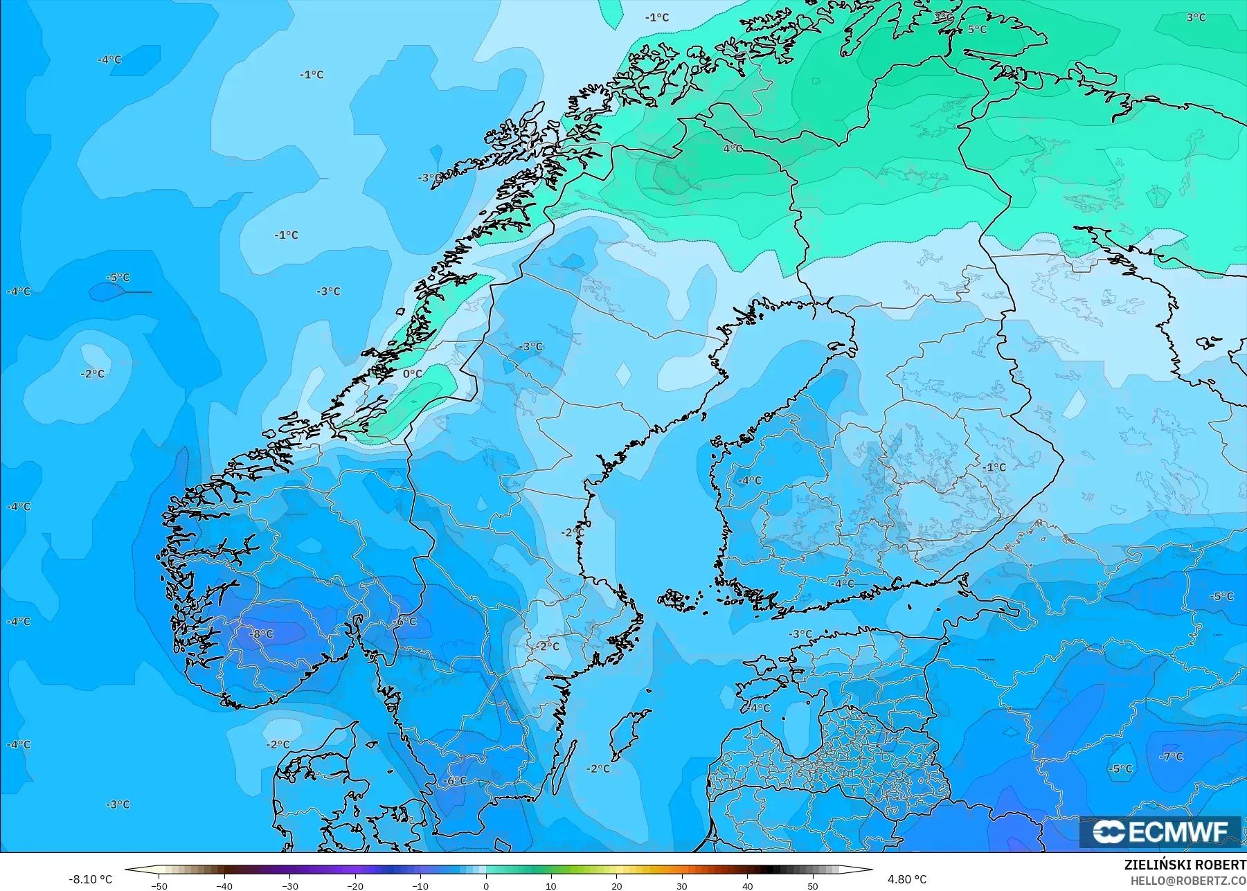 ECMWF IFS 0.25° modelo - Escandinavia, Temperatura a 850 hPa