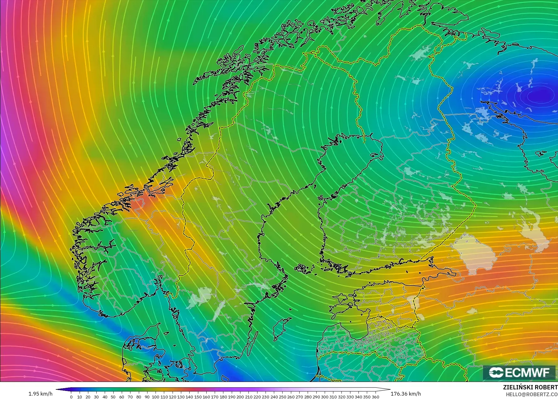 ECMWF IFS 0.25° modelo - Escandinavia, Viento a 300 hPa (corriente en chorro)