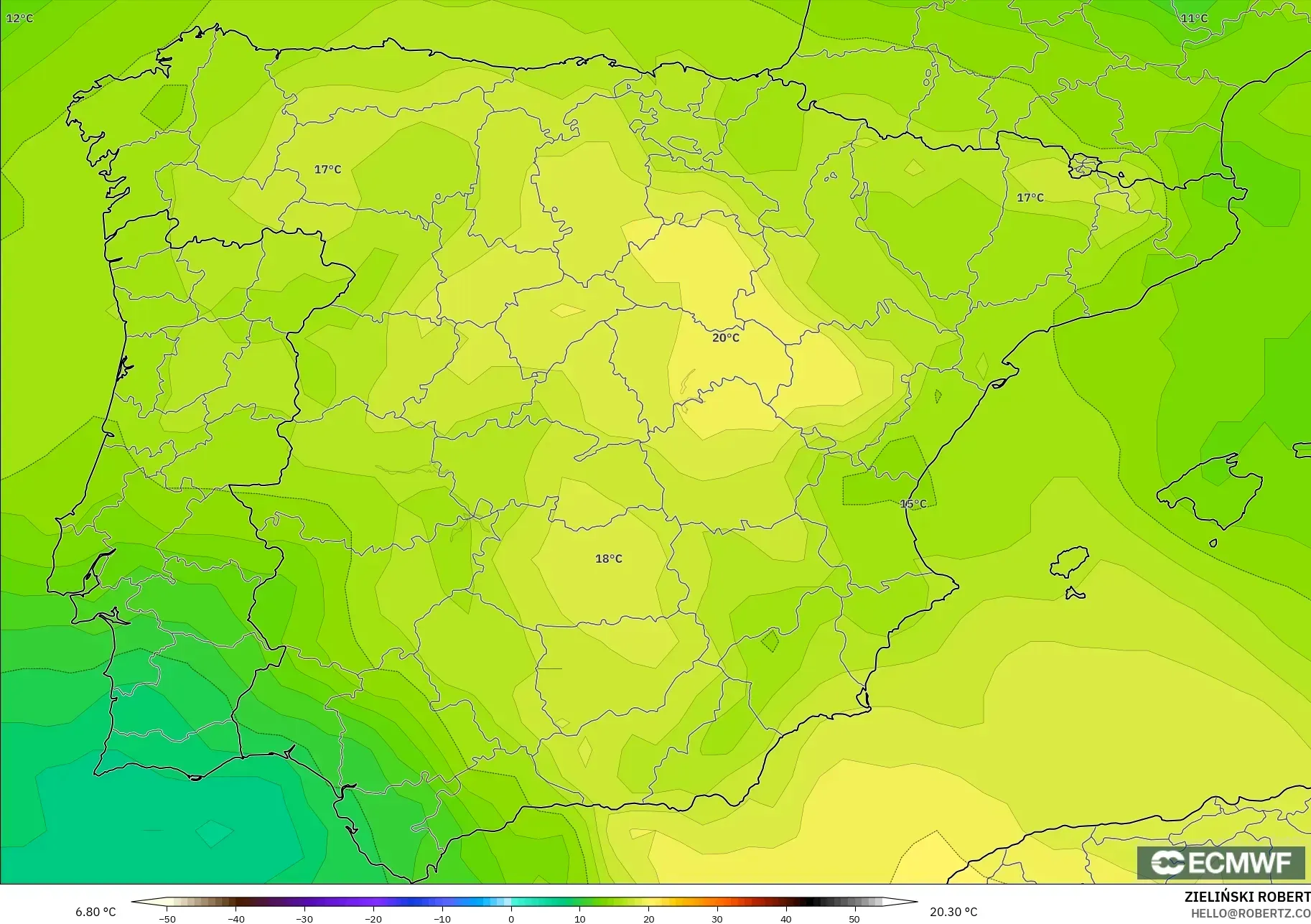 ECMWF IFS 0.25° modelo - España, Temperatura a 850 hPa