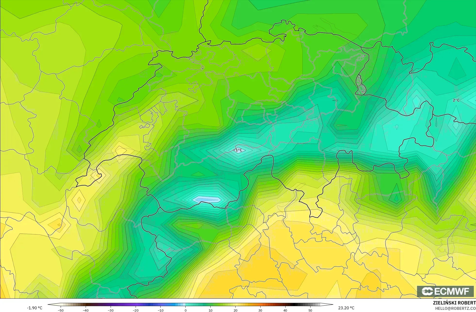 ECMWF IFS 0.25° modelo - Suiza, Temperatura a 2 m