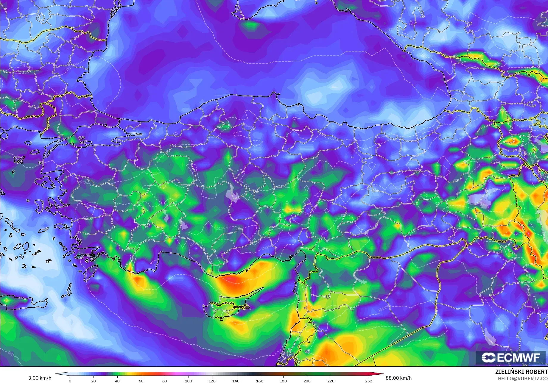 ECMWF IFS 0.25° modelo - Turquía, Ráfagas de Viento Máximas
