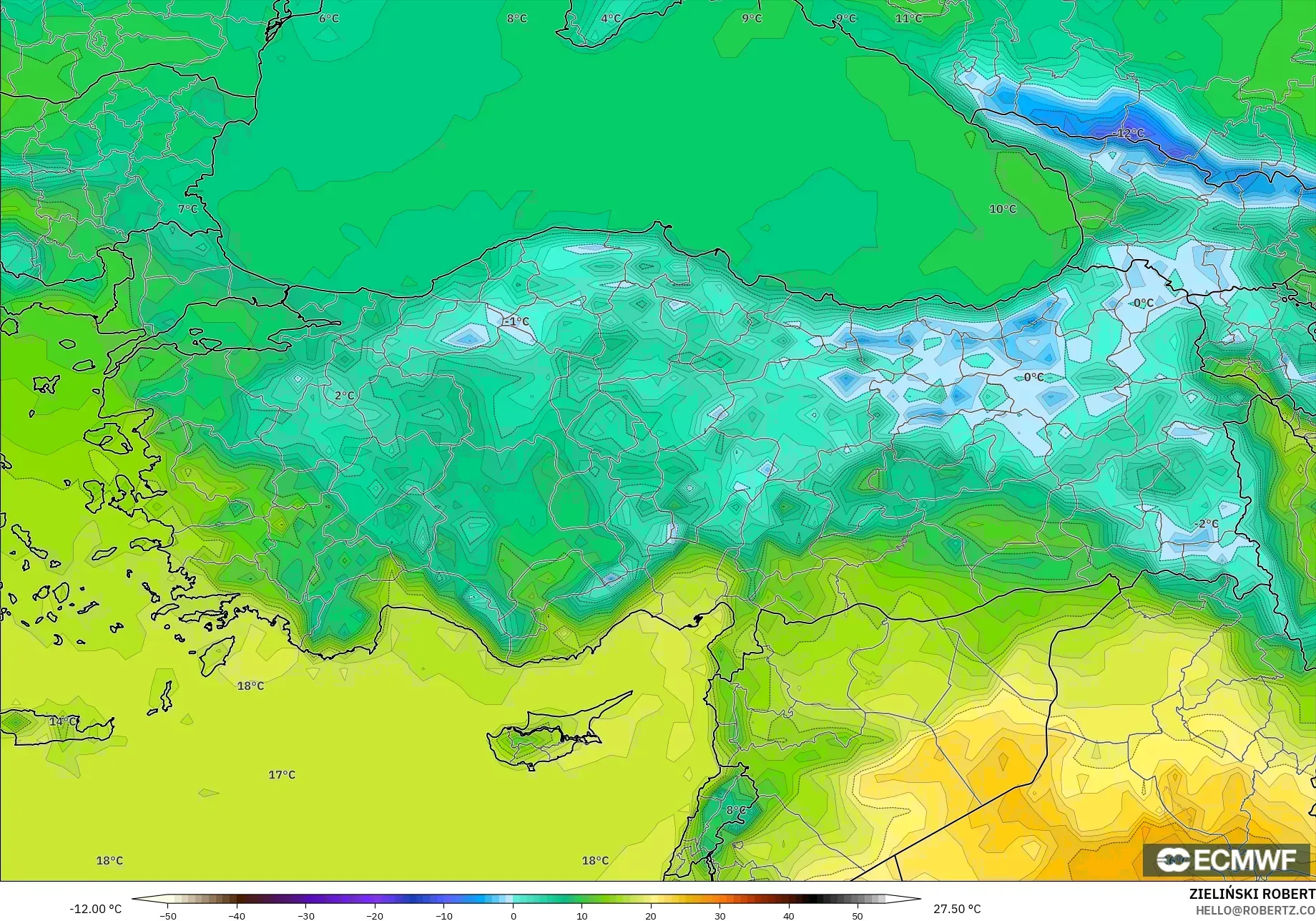 ECMWF IFS 0.25° modelo - Turquía, Temperatura a 2 m