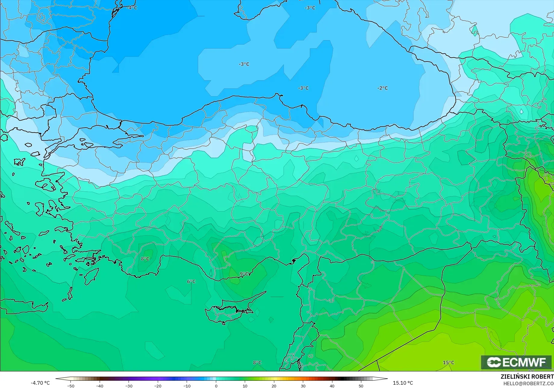 ECMWF IFS 0.25° modelo - Turquía, Temperatura a 850 hPa