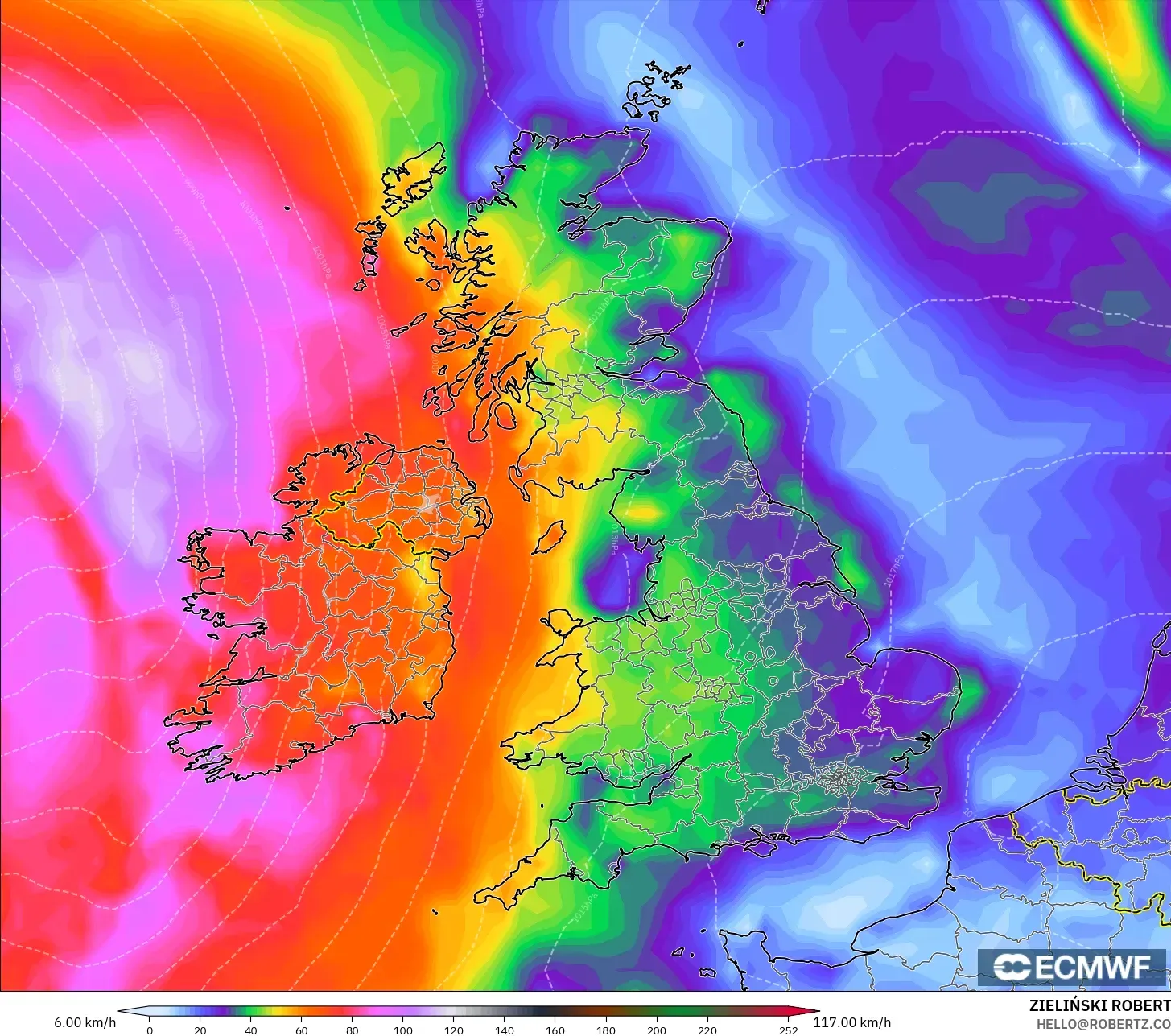 ECMWF IFS 0.25° modelo - Reino Unido, Ráfagas de viento