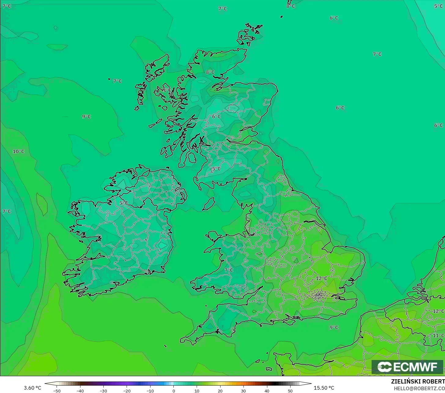 ECMWF IFS 0.25° modelo - Reino Unido, Temperatura a 2 m