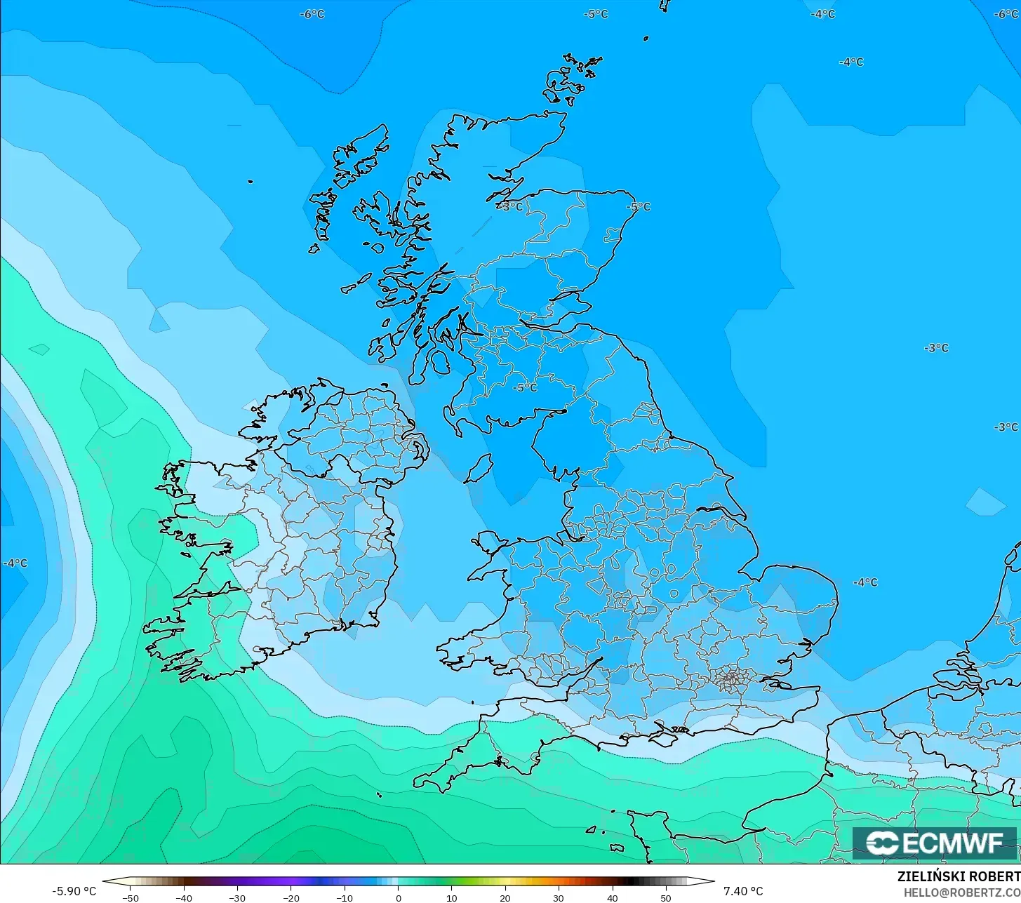 ECMWF IFS 0.25° modelo - Reino Unido, Temperatura a 850 hPa