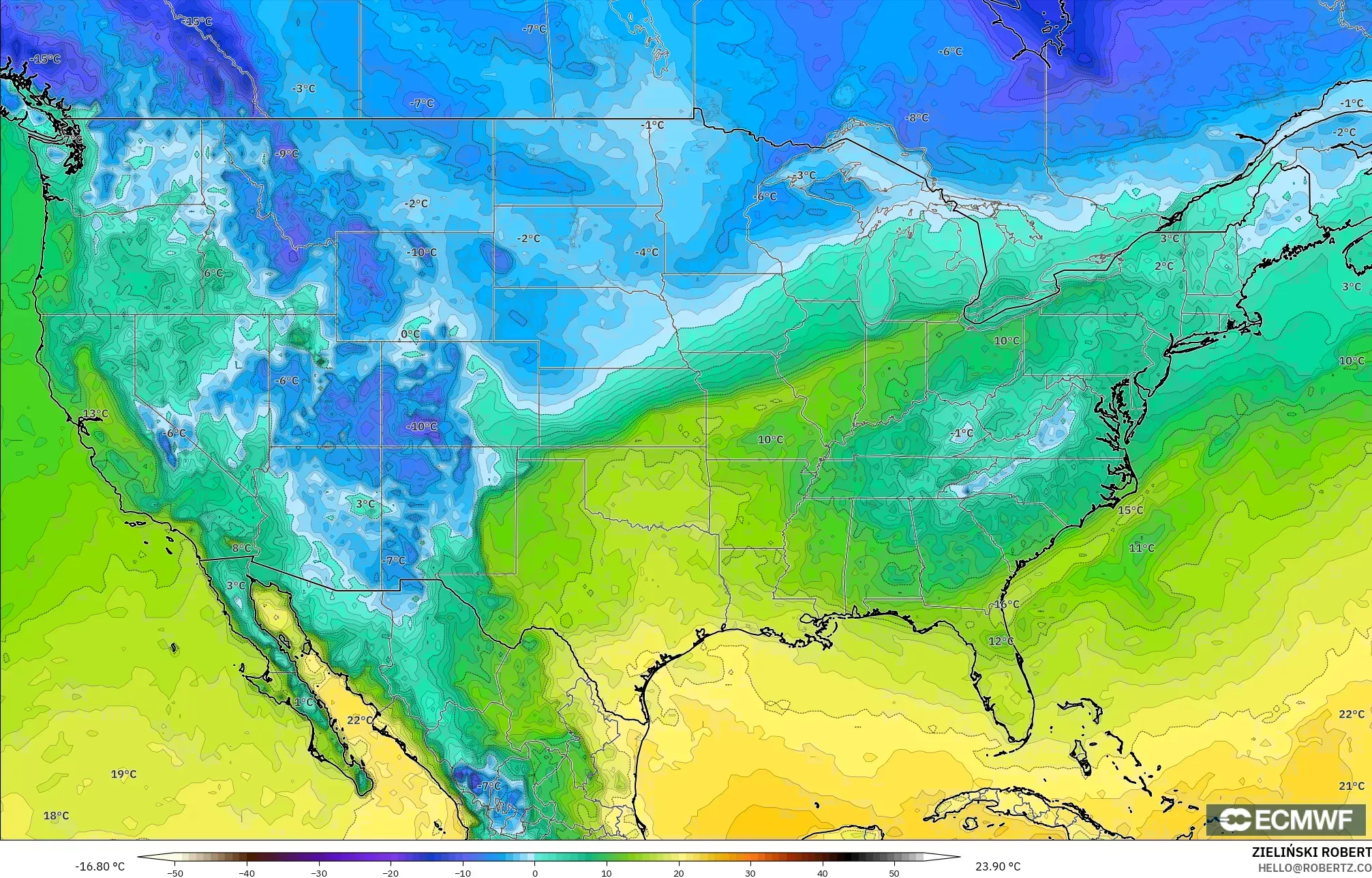 ECMWF IFS 0.25° modelo - Estados Unidos, Punto de rocío a 2 m
