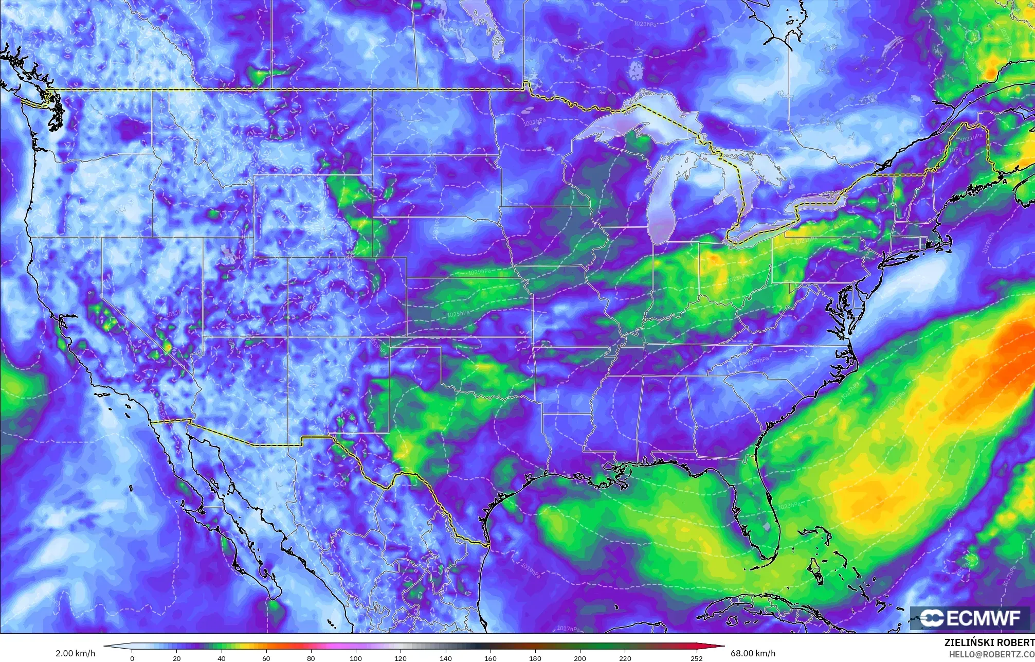 ECMWF IFS 0.25° modelo - Estados Unidos, Ráfagas de Viento Máximas